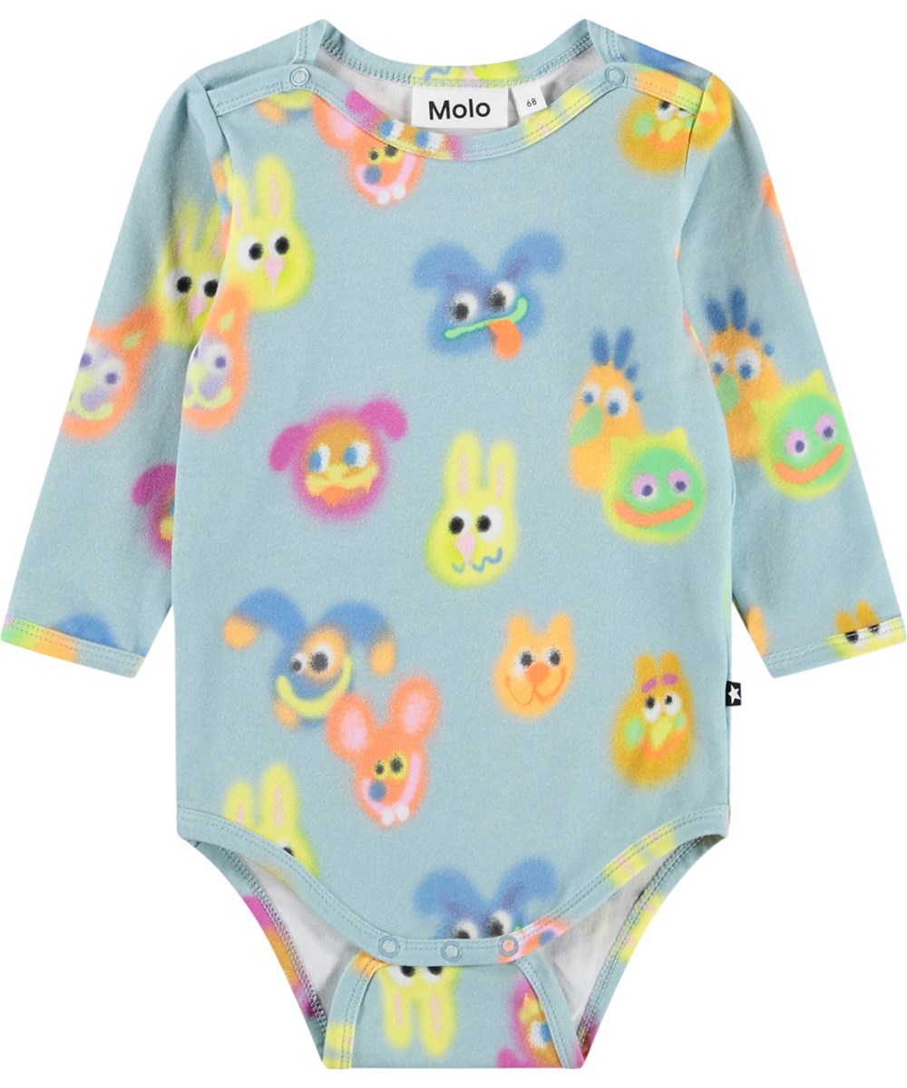 Foss - Fuzzy Friends - Blue, long-sleeved bodysuit for the little ones made of organic cotton with a fun print 