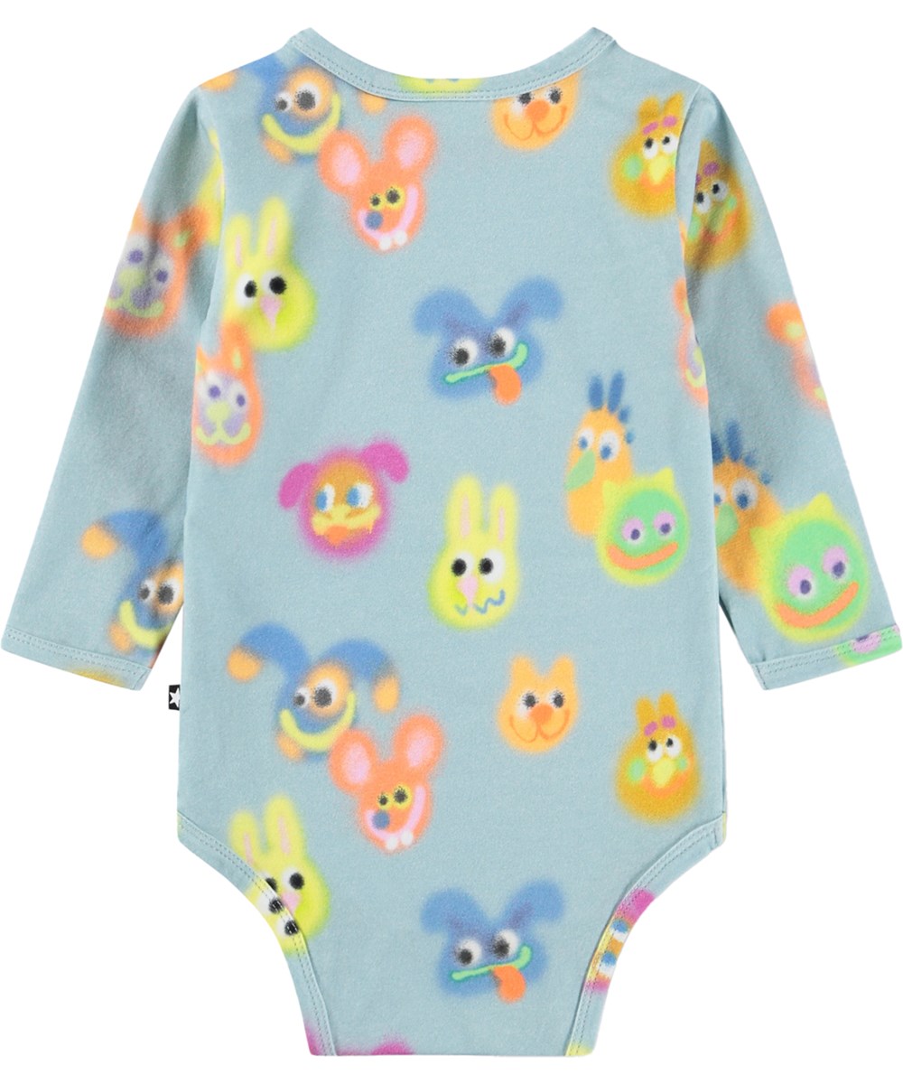 Foss - Fuzzy Friends - Blue, long-sleeved bodysuit for the little ones made of organic cotton with a fun print 