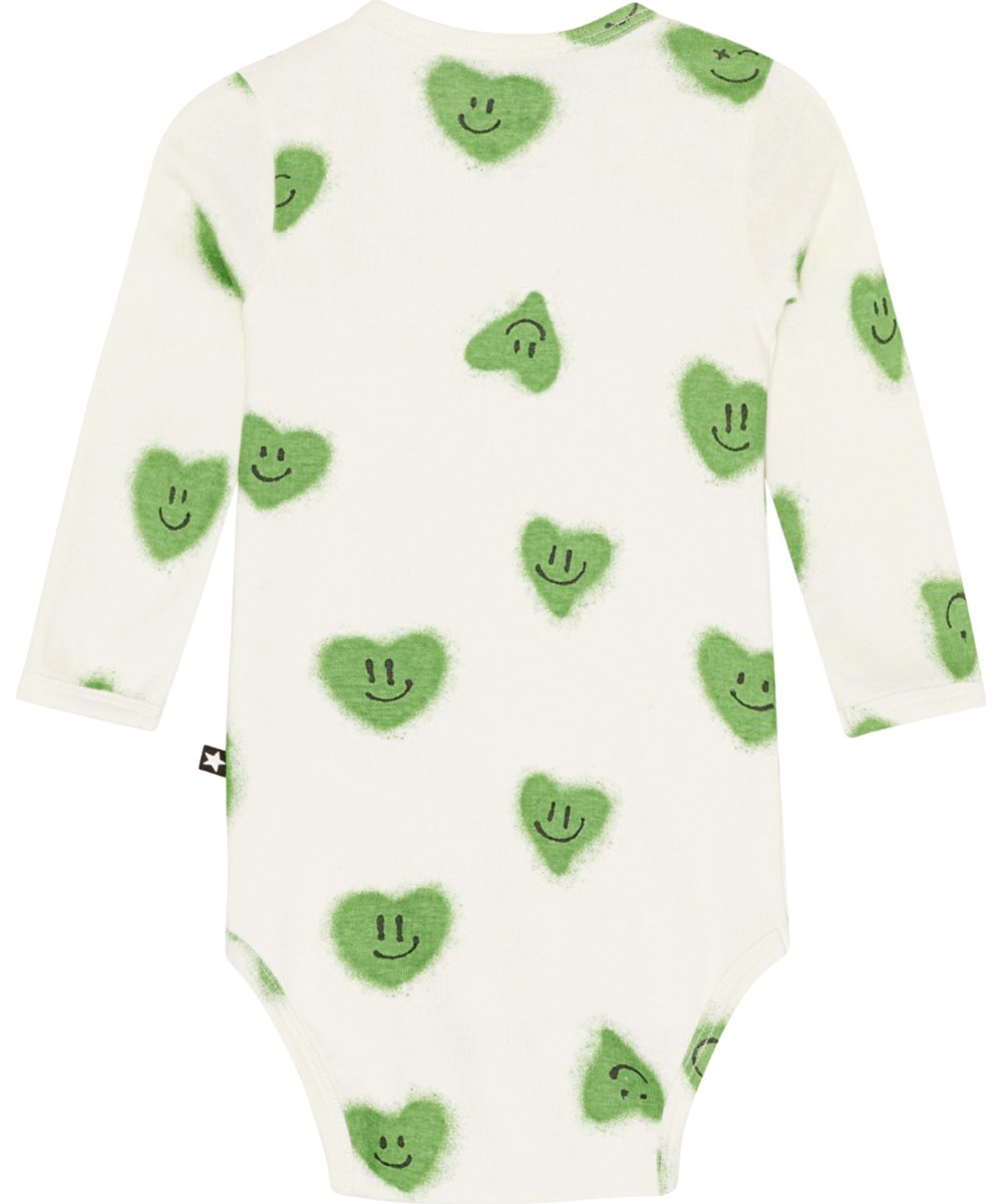 Foss - Hearts - Long sleeve, light green baby bodysuit in organic cotton jersey with a print of smiling hearts