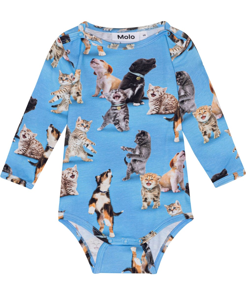 Foss - Joy Of Music - Long sleeve, blue baby bodysuit in organic cotton jersey with a print of kittens and pupplies 