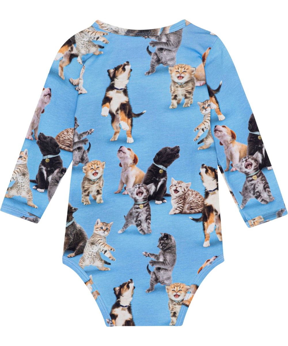 Foss - Joy Of Music - Long sleeve, blue baby bodysuit in organic cotton jersey with a print of kittens and pupplies 