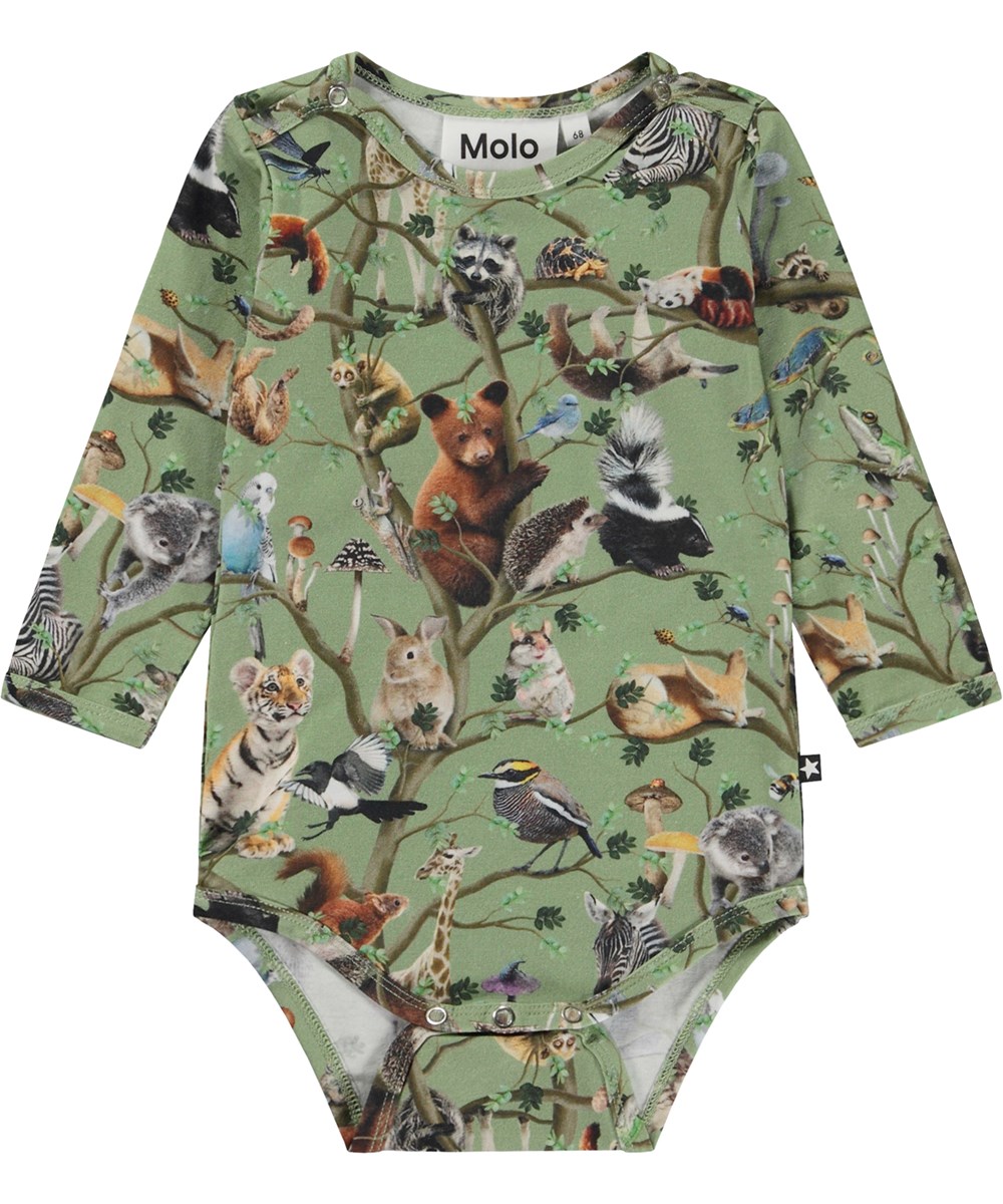 Foss - Living Tree - Green organic baby bodysuit in all over animal print 