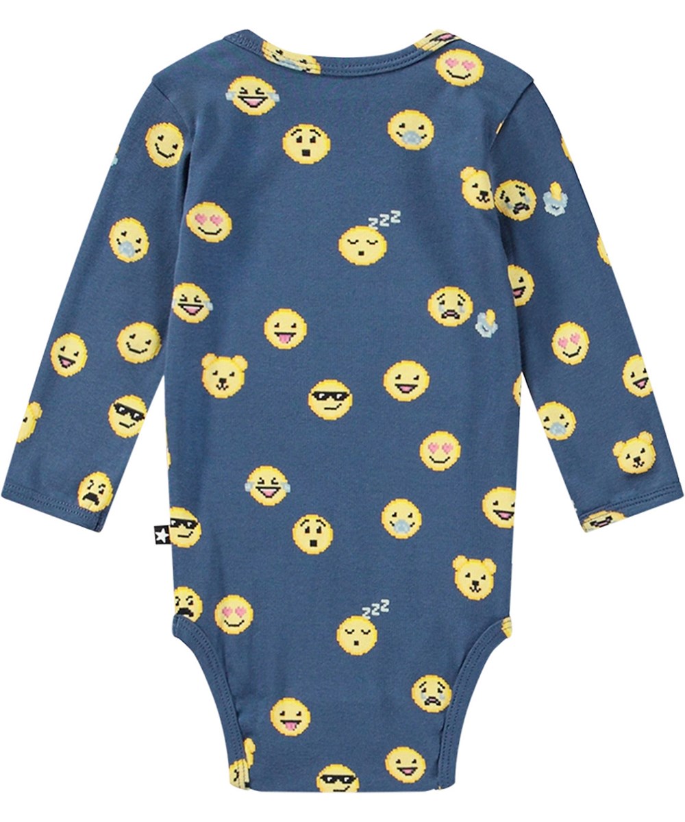 Foss - Pixel Smiles - Dark blue long-sleeved baby bodysuit with emoji print made from organic cotton.