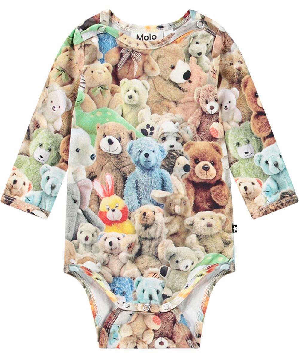 Foss - Teddy Friends - Multicoloured long-sleeved baby bodysuit made from organic cotton with a teddy bear print.