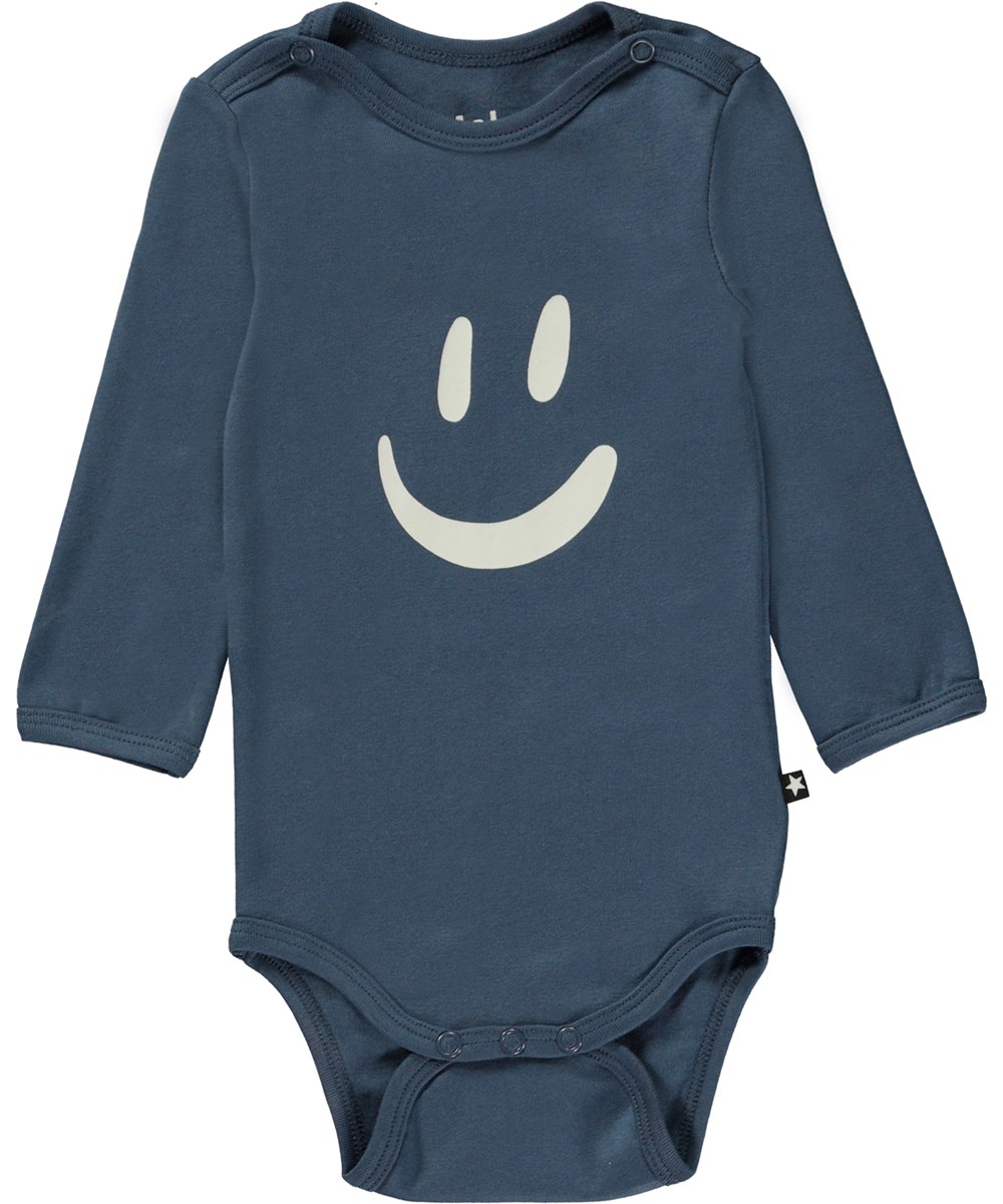 Foss - Twilight - Dark blue organic baby bodysuit in smiley face print