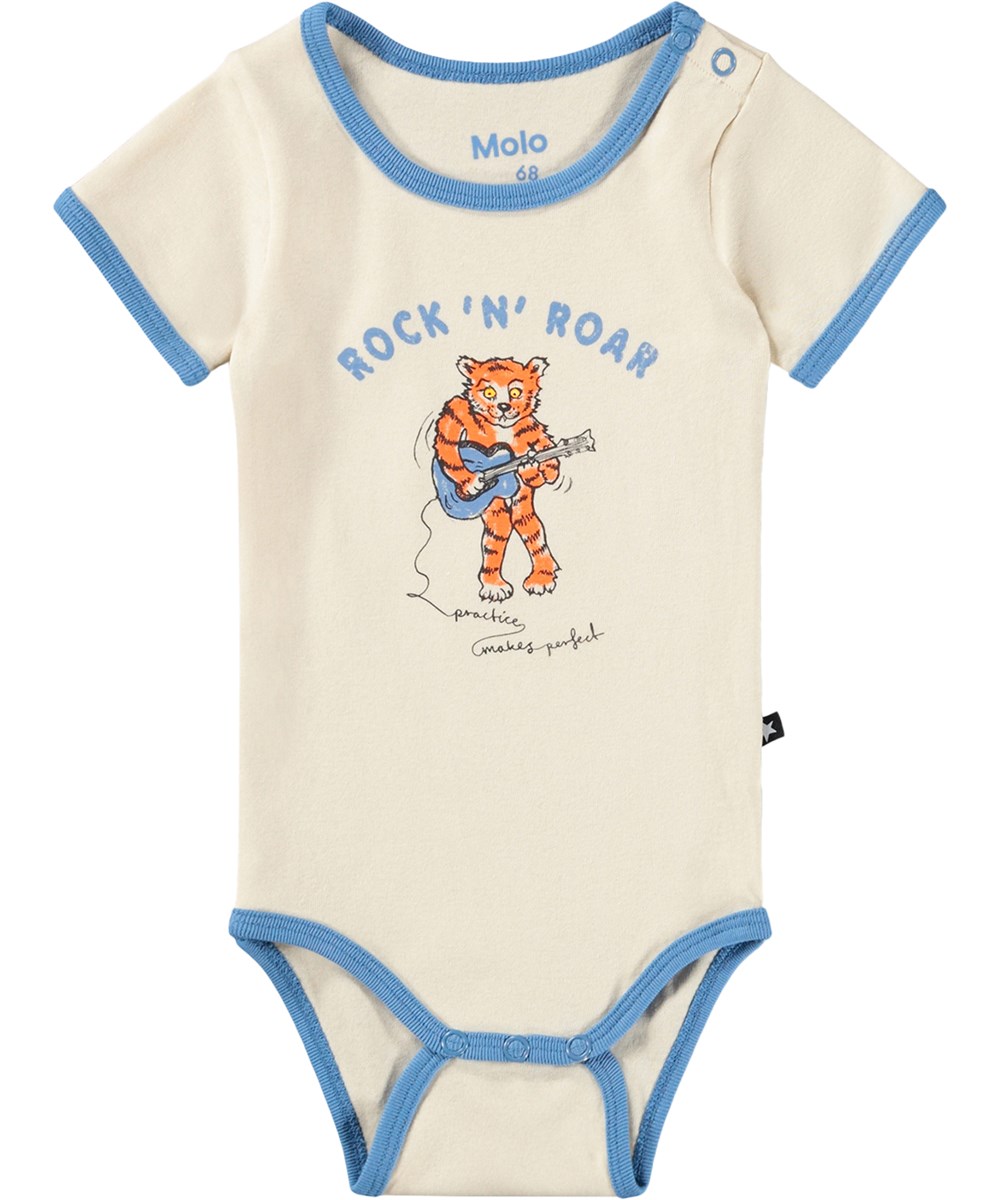 Fossie - Rock 'N' Roar - Beige bodysuit for the little ones made of organic cotton with short sleeves and tiger print 