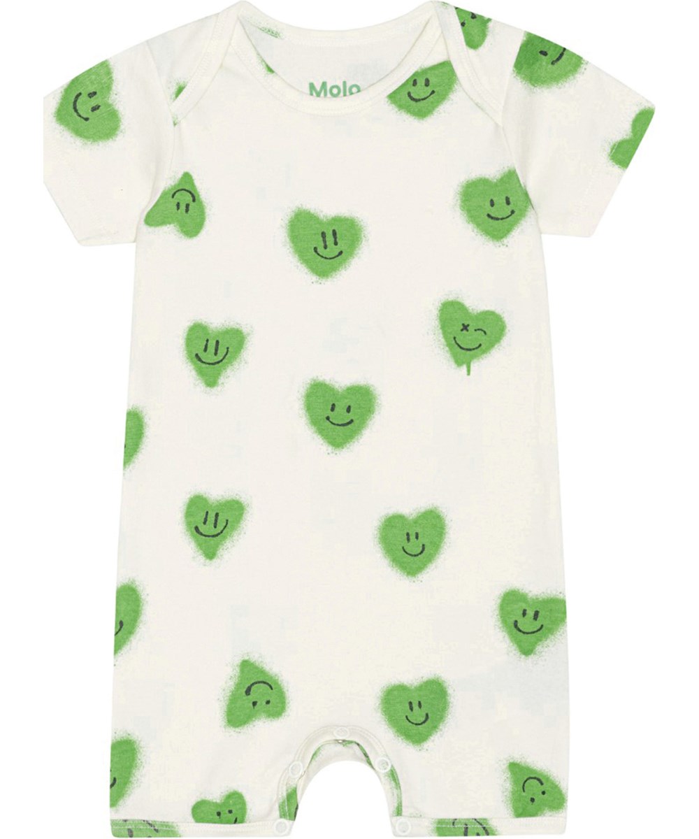Free - Hearts - Gebroken witte babypakje van biologisch katoen met een print van groene lachende hartjes