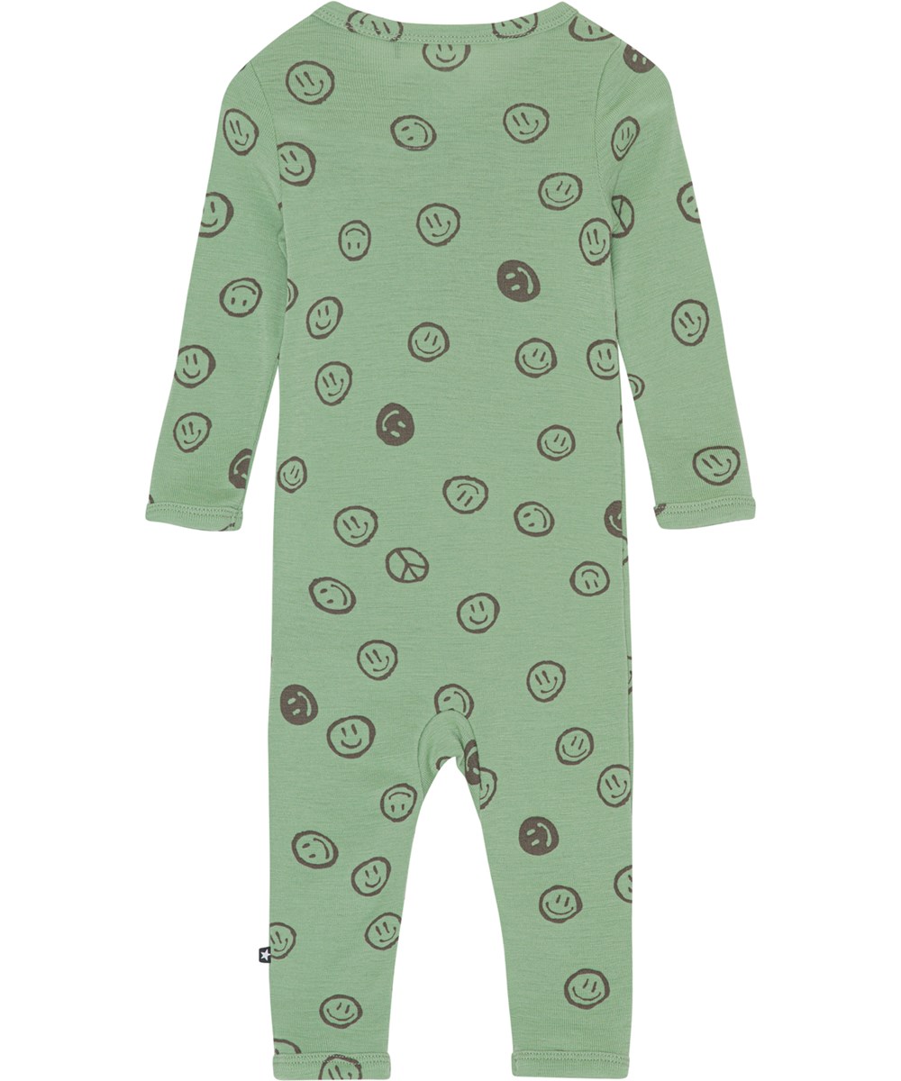 Fahari - Happy Moss - Grøn babydragt i Oeko-Tex merino uld med smil print