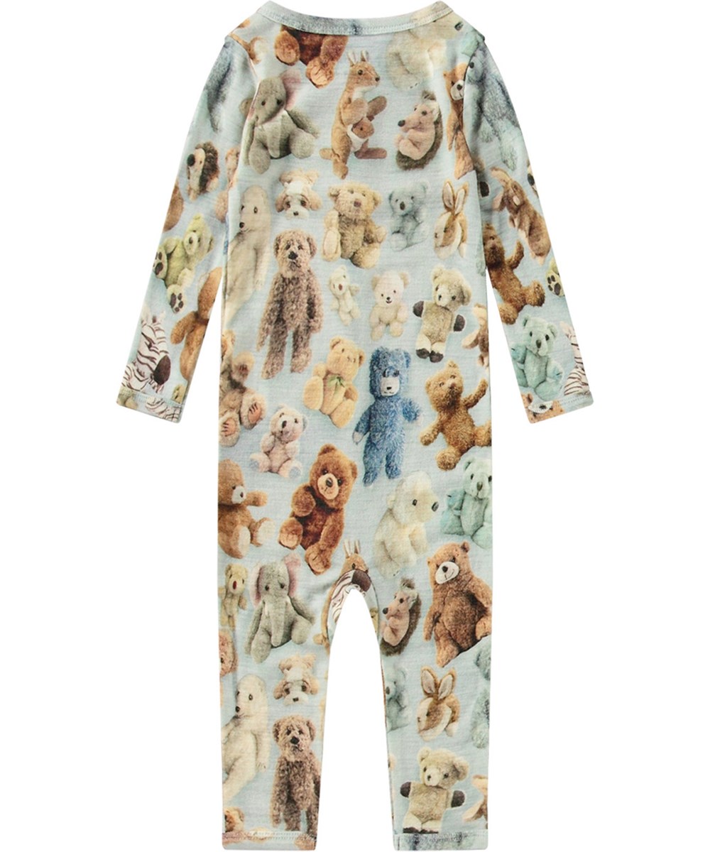 Fahari - Teddy Galore - Multifarvet heldragt til de mindste i økologisk merinould med bamse print