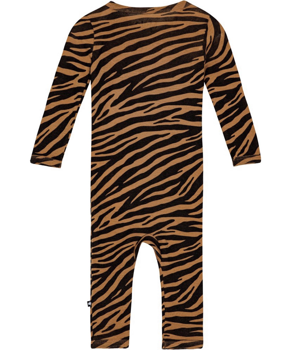 Fahari - Zebra Wool - Sort og orange heldragt i økologisk merinould med zebrastriber