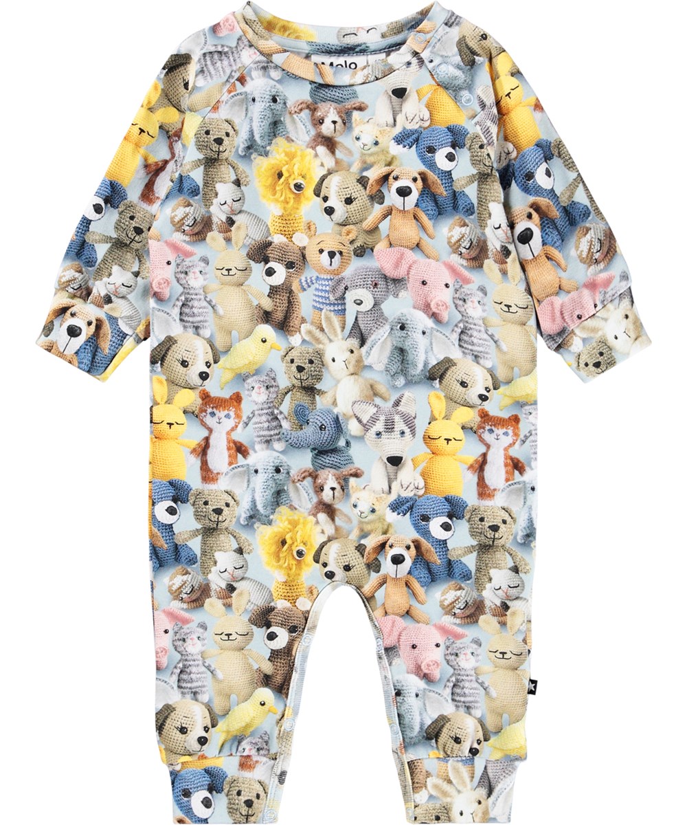 Fairfax - Crochet Cuties - Beige heldragt til baby i blødt økologisk bomuld med print af hæklede dyr