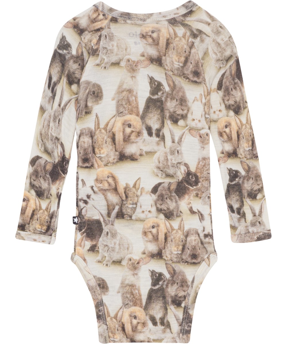 Farai - Baby Rabbits - Babybody i Oeko-Tex merino uld og allover kanin print