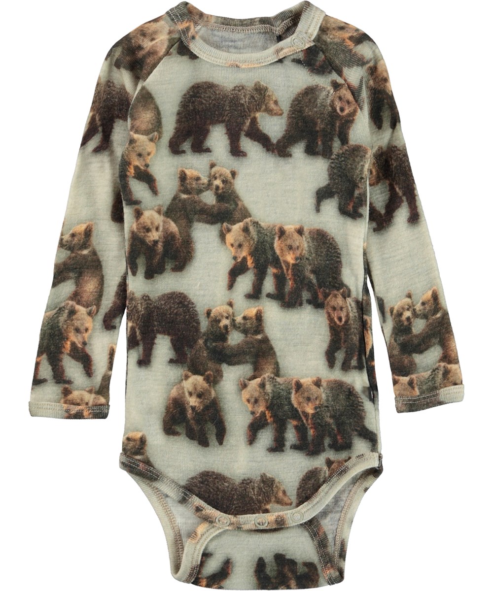 Farai - Bear Cubs - Grå uld babybody med bjørne print