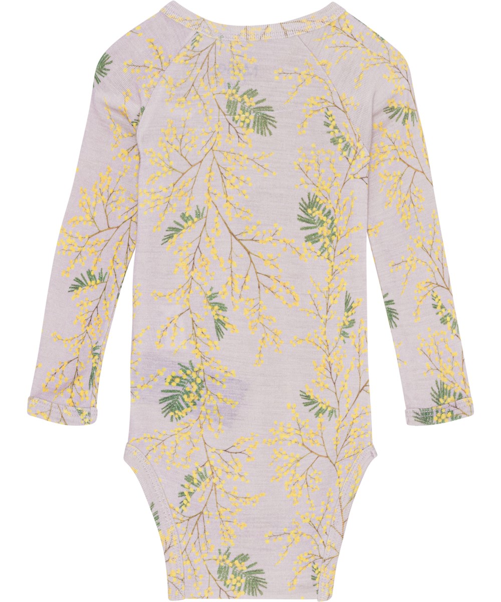 Farai - Mimosa Wool - Lilla babybody i Oeko-Tex merino uld og allover mimosa print
