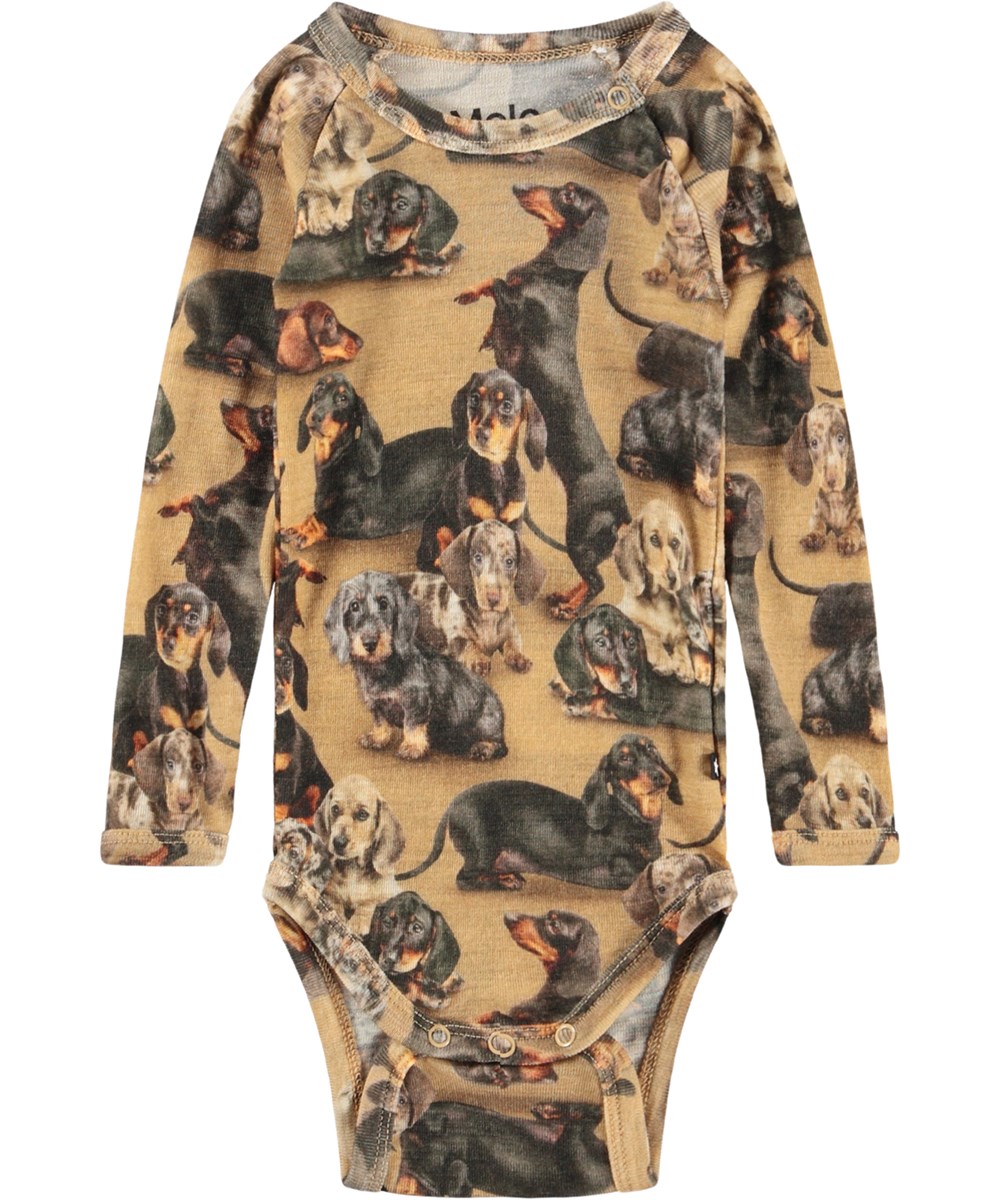 Farai Wool - Dachshunds - Brun langærmet body til baby i merinould med gravhundeprint. 