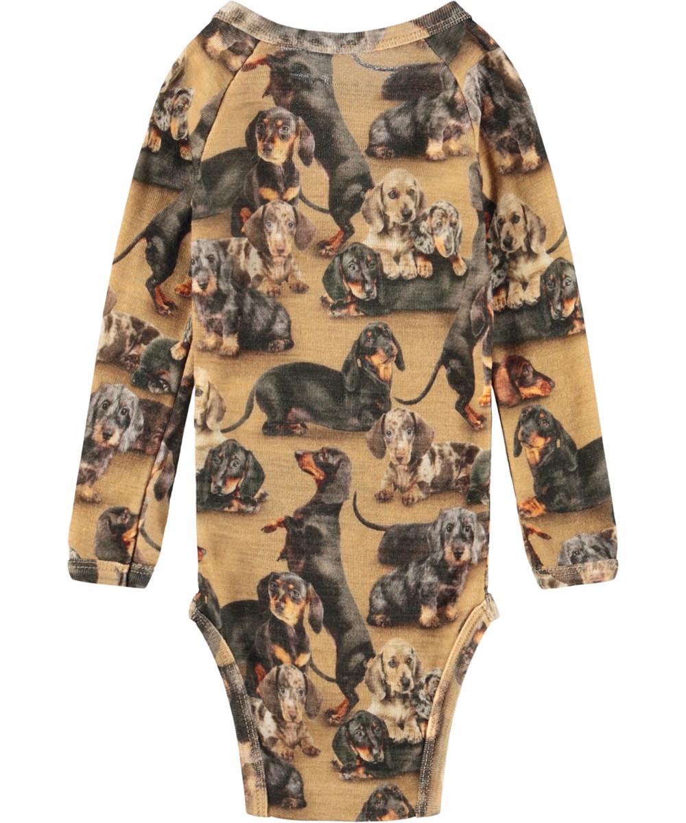 Farai Wool - Dachshunds - Brun langærmet body til baby i merinould med gravhundeprint. 