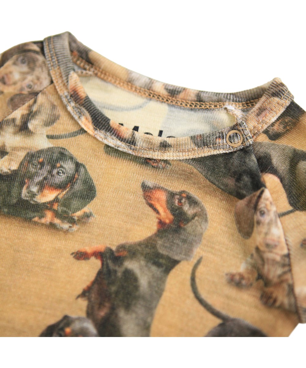 Farai Wool - Dachshunds - Brun langærmet body til baby i merinould med gravhundeprint. 