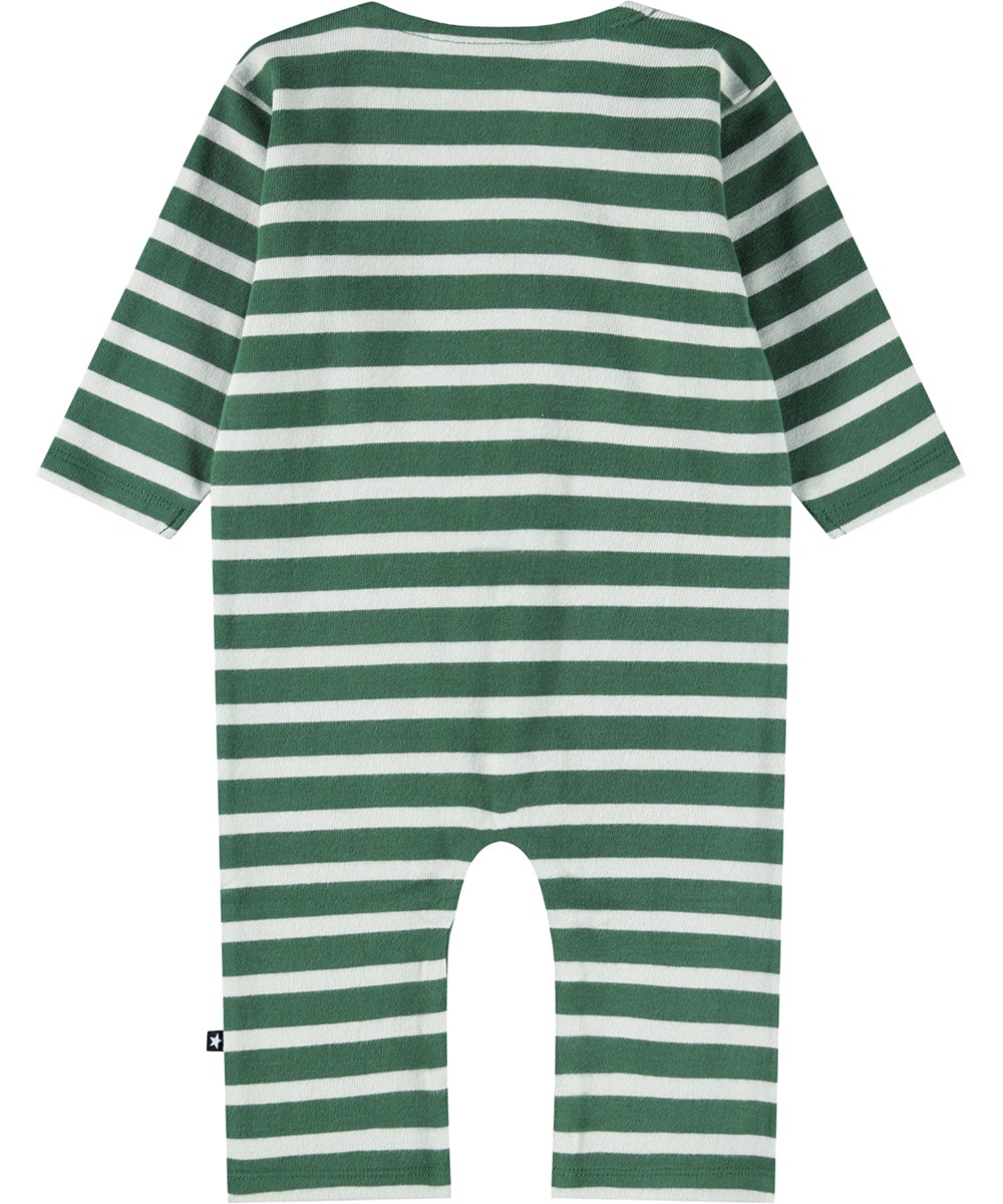 Flint - Pine Stripe - Heldragt i økologisk bomuld til baby med brede striber i grønne nuancer. 