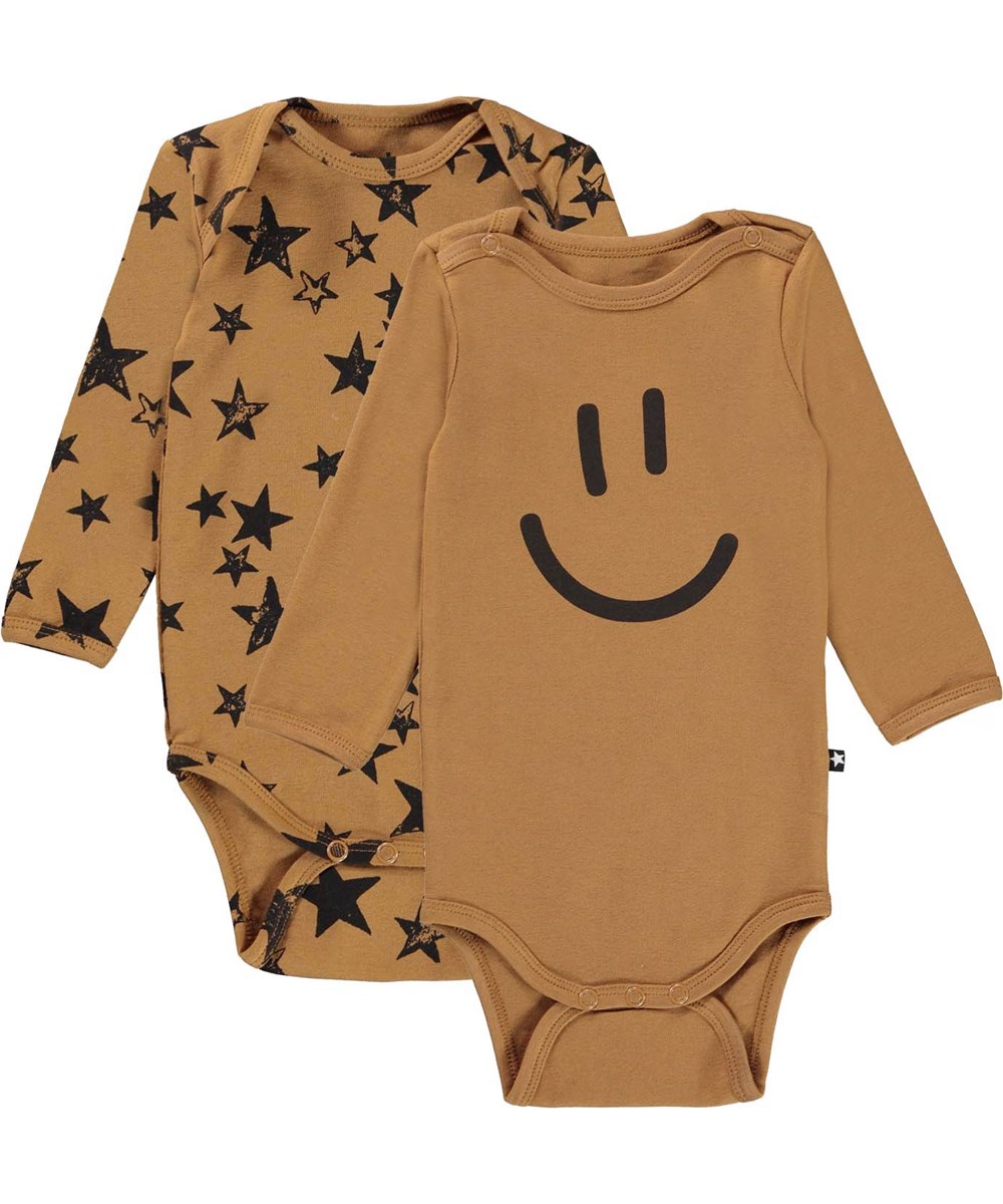 Foss 2-Pack - Stars Earthy - Babybody 2-pack brun med smiley og stjerner