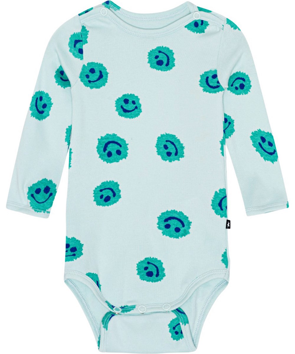 Foss - Aquarelle Blobs - Lyseblå babybody med lange ærmer, i økologisk bomuldsjersey med print af smilende ansigter
