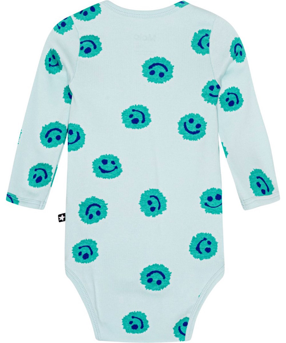 Foss - Aquarelle Blobs - Lyseblå babybody med lange ærmer, i økologisk bomuldsjersey med print af smilende ansigter
