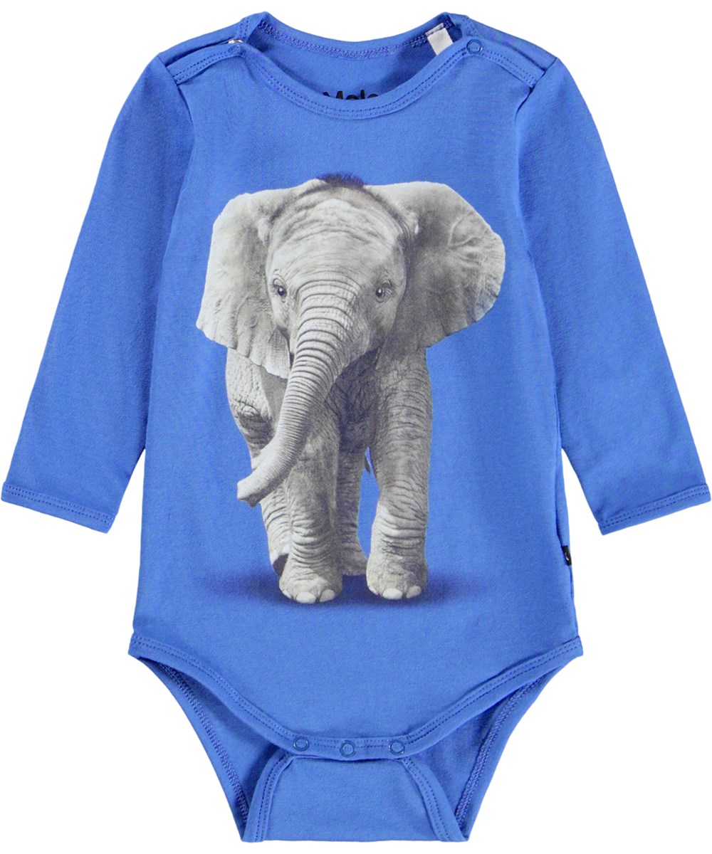 Foss - Baby Elephant - Blå langærmet body i økologisk bomuld til baby med print en babyelefant