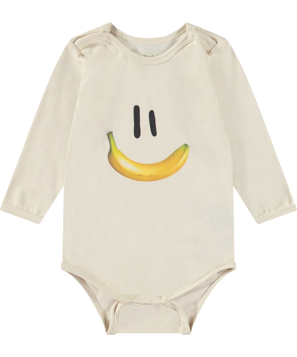 Foss - Babynanas Smile - Lys langærmet body i økologisk bomuld til baby med print af smilende ansigt med bananmund.