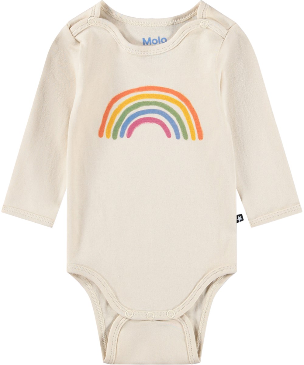 Foss - Little Rainbow - Cremefarvet, langærmet babybody med regnbueprint i økologisk bomuld