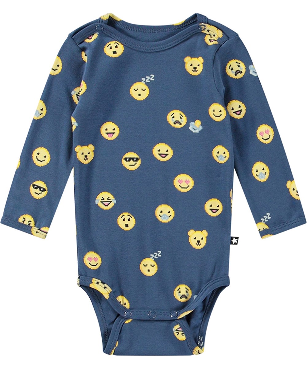 Foss - Pixel Smiles - Blå langærmet body i økologisk bomuld med et print af emojis
