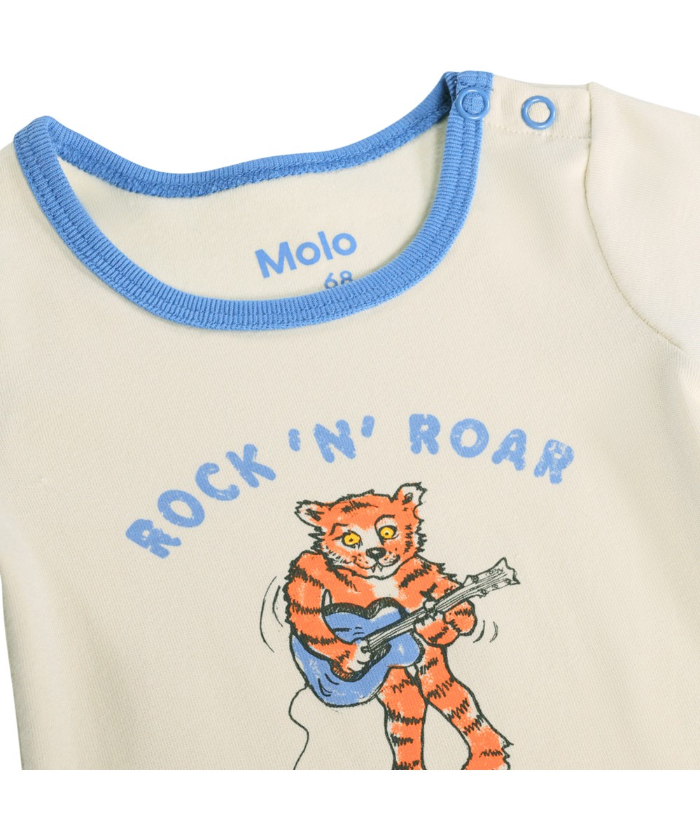 Fossie - Rock 'N' Roar - Beige babybody med korte ærmer og tigerprint i økologisk bomuld