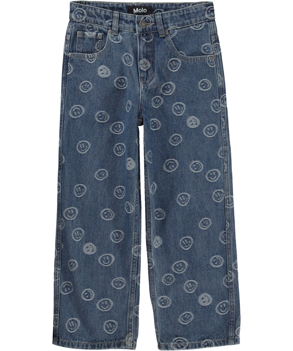 Aiden - Blue Happiness - Extra wijde unisex jeans in blauw met smileys