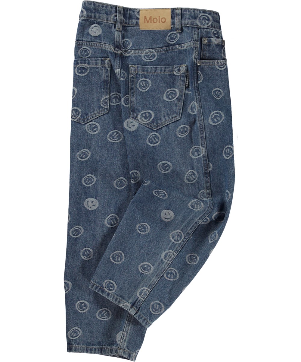 Aiden - Blue Happiness - Extra wijde unisex jeans in blauw met smileys