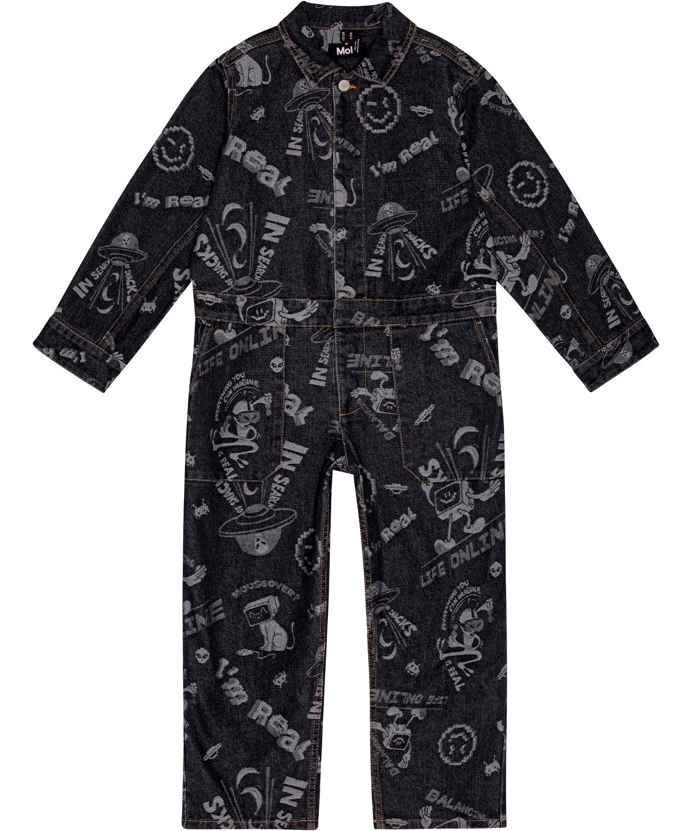 Ayo - Comic Jacquard - Zwarte denim jumpsuit in een ruimvallende pasvorm met levendige stripfiguren.