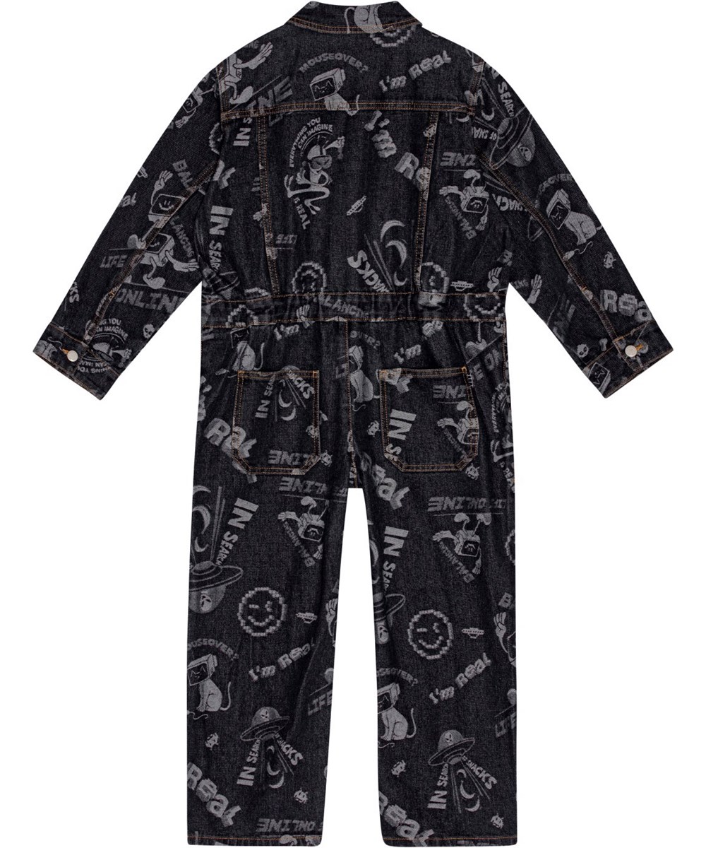 Ayo - Comic Jacquard - Zwarte denim jumpsuit in een ruimvallende pasvorm met levendige stripfiguren.