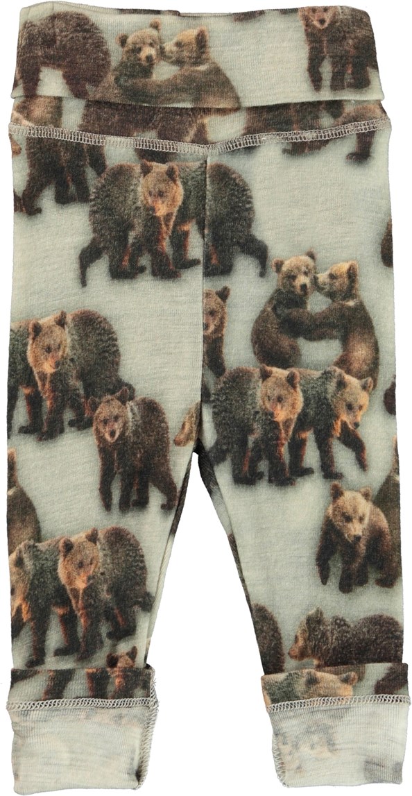 Sabi - Bear Cubs - Grijze wollen babybroek met een print van bloemenslingers