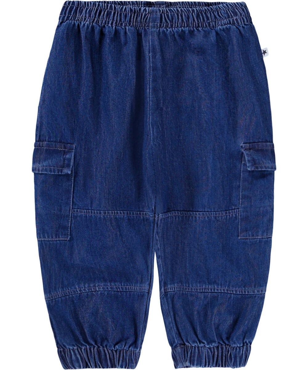 Sae - Mid Blue Wash - Blauwe cargobroek voor de kleintjes gemaakt van biologisch katoenen denim.