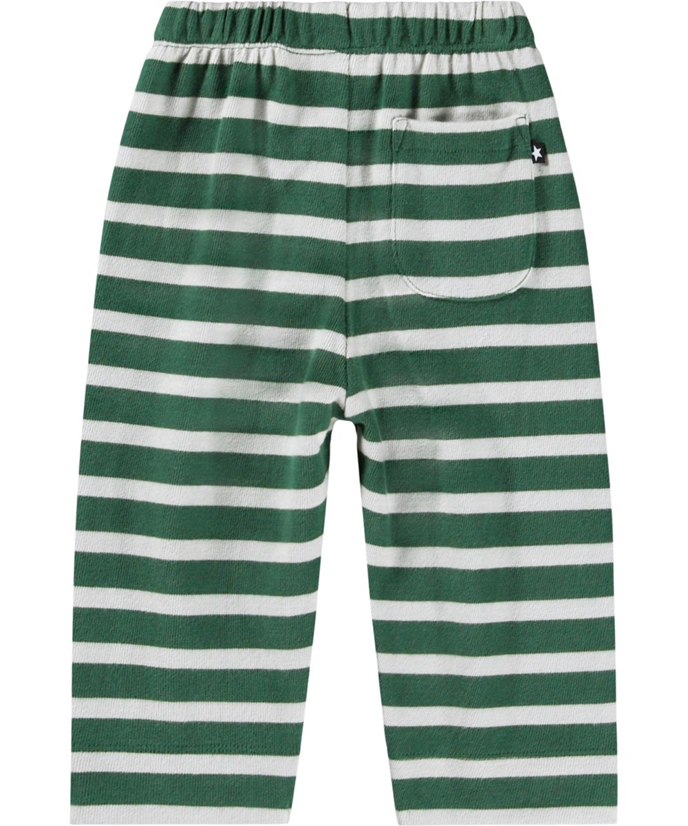Saxon - Pine Stripe - Groene en gebroken witte gestreepte broek voor de kleintjes gemaakt van biologisch katoen.