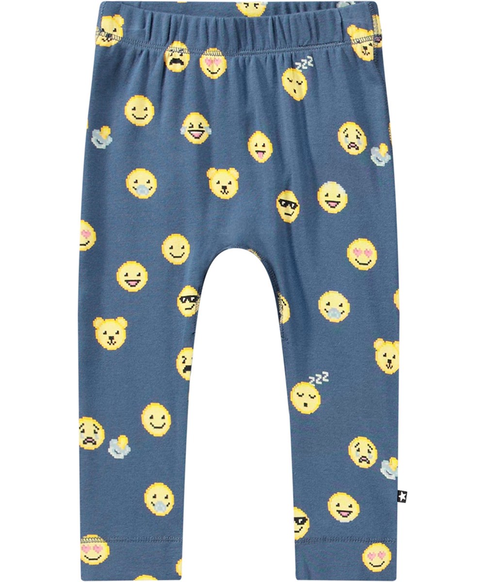 Seb - Pixel Smiles - Donkerblauwe legging van biologisch katoen met een print van gele emoji's.