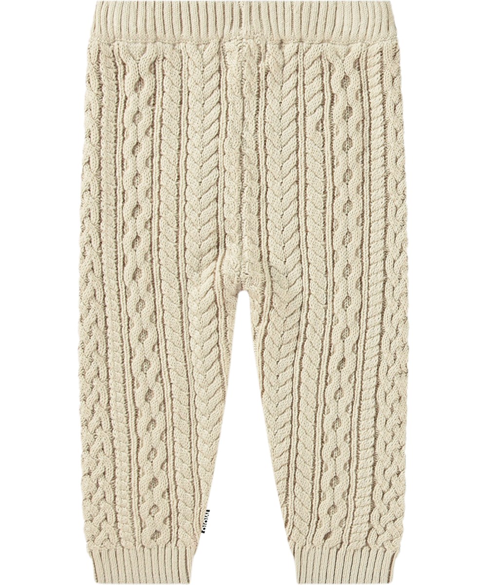 Sedge - White Noise - Gebroken witte kabelgebreide wollen broek met elastische tailleband en  ribboorden voor baby's en peuters.