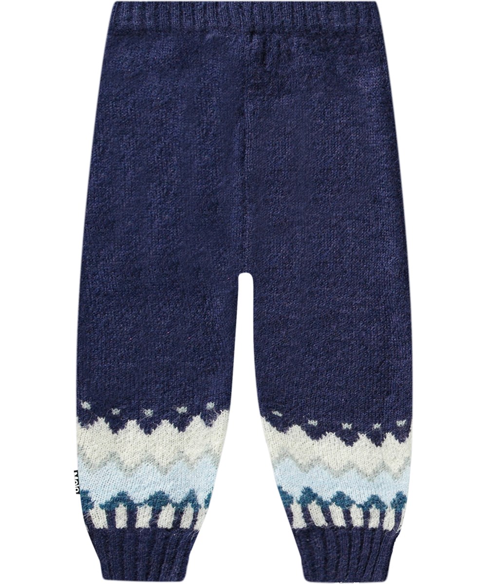 Signy - Blues - Donkerblauwe gebreide wollen broek met een Nordic-geïnspireerd patroon en rib.