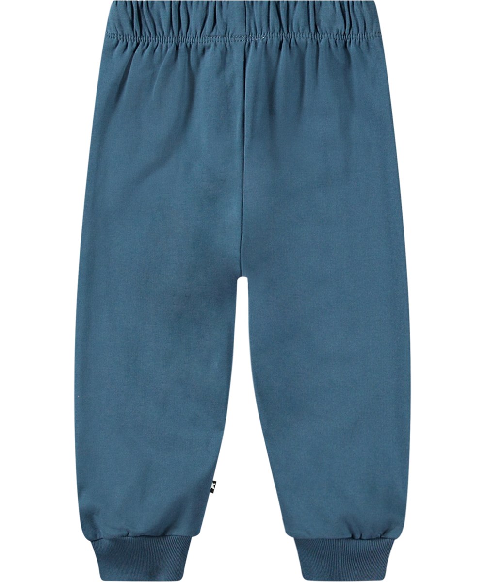 Simeon - Calm Fjord - Blauwe biologisch katoenen joggingbroek met elastische tailleband, ribboorden en een ballonnenprint voor baby's en peuters.