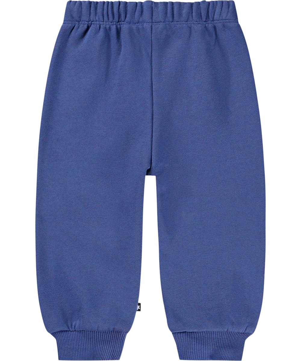 Simeon - Evening Bear - Zachte broek voor de kleintjes gemaakt van biologisch katoen. De broek is donkerblauw met zachte bruine teddyberen op de knieën.