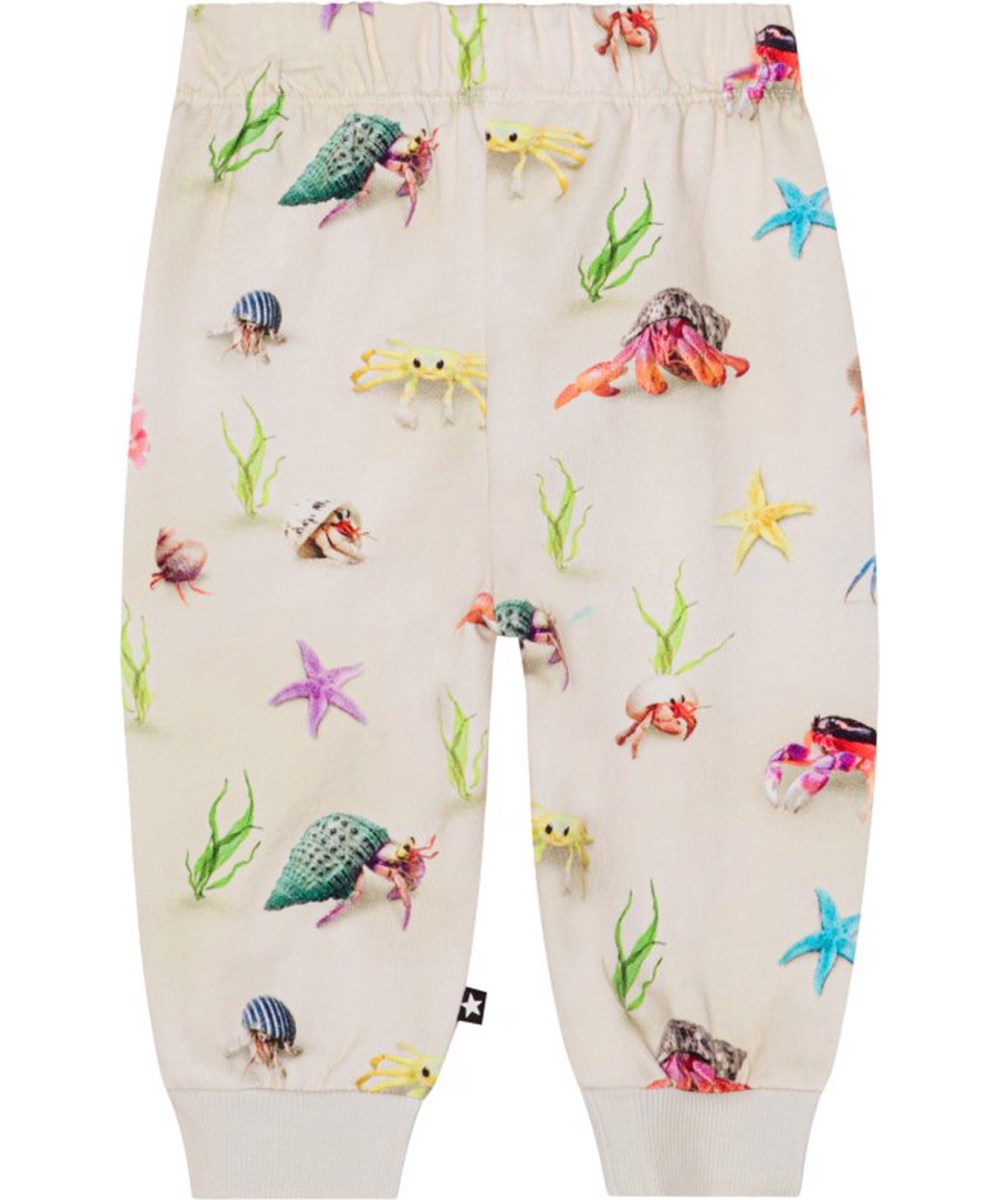 Simeon - Hermit Crab - Voor kleine kinderen een zandkleurige joggingbroek van biologische katoen met een print van kleurrijke krabben, zeesterren en zeeplanten