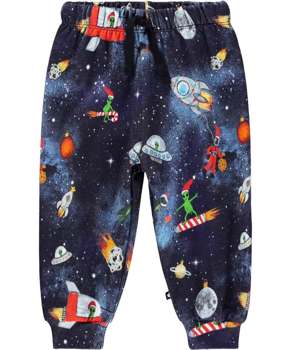Simeon - Holiday Space - Zachte donkerblauwe broek voor de kleintjes gemaakt van biologisch katoen met een print van het leven in de ruimte.