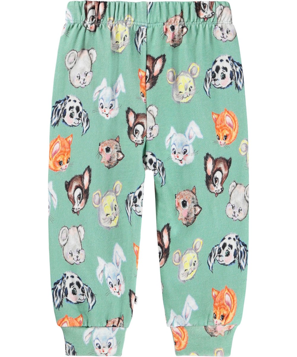 Simeon - Itty Bitty - Zachte groene broek voor de kleintjes gemaakt van biologisch katoen met een print van geïllustreerde dieren.