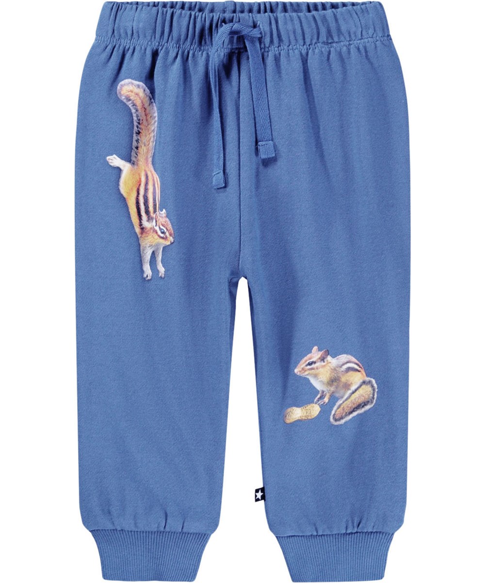 Simeon - Shallow Sea - Zachte blauwe broek voor de kleintjes gemaakt van biologisch katoen met een print van eekhoorns.