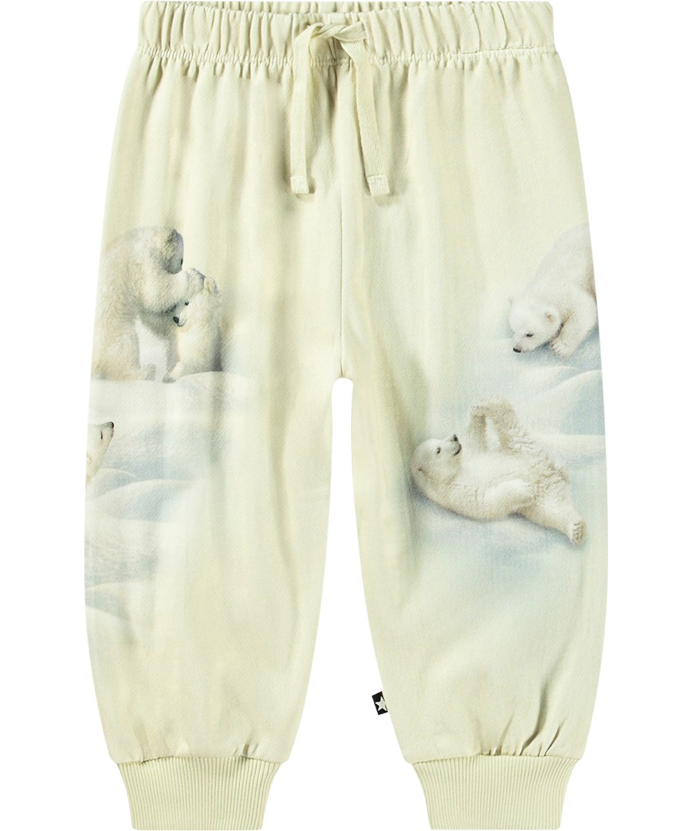 Simeon - Snowy Cubs - Lichtgele biologisch katoenen joggingbroek met ijsbeerprint.