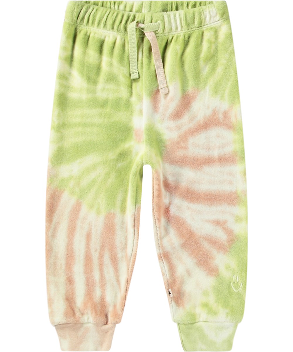 Simeon - Tie Dye Play - Groene en roze tie-dye joggingbroek van biologisch katoenen fluweel voor baby's en peuters.