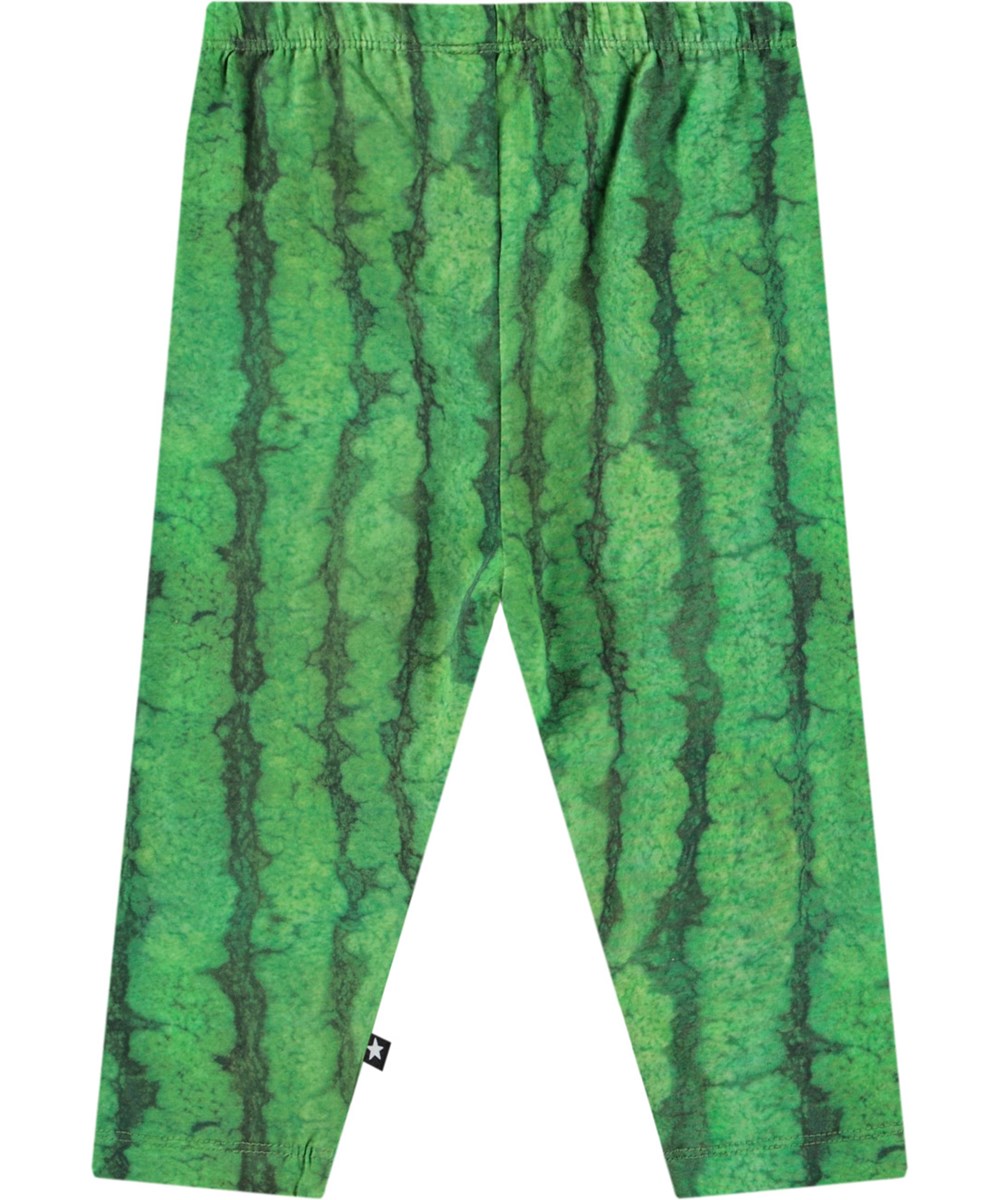 Simway - Melancia - Babybroek van biologisch katoenen jersey. Het heeft een aansluitende pasvorm met elastisch taille. De broek is groen en heeft en watermeloenprint.