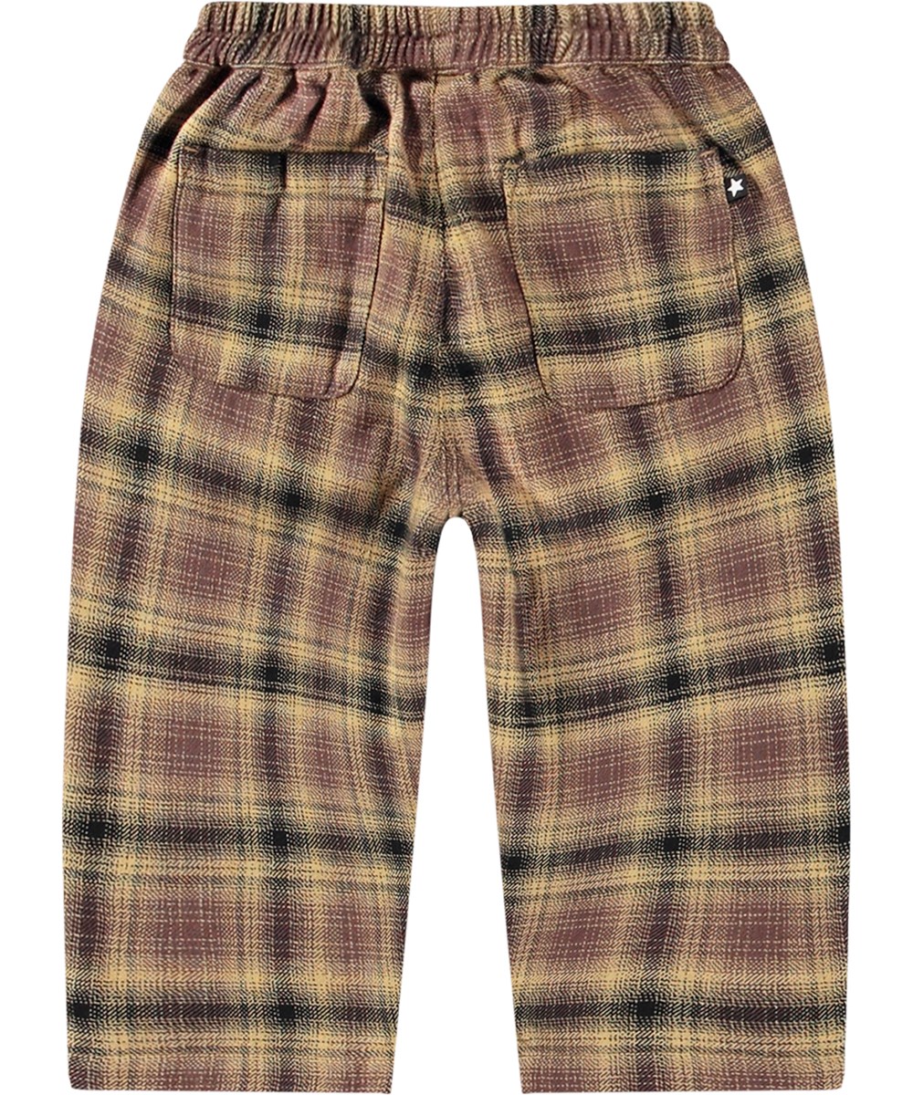 Sois - Bronze Check - Gekleurde geruite broek van biologisch katoen met elastische tailleband voor baby's en peuters.